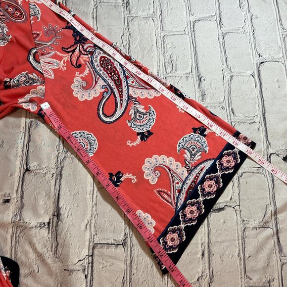 🍑 Peach Paisley Print Dress – 3/4 Bell Sleeves, Size Large Petite - Picture 6 of 6